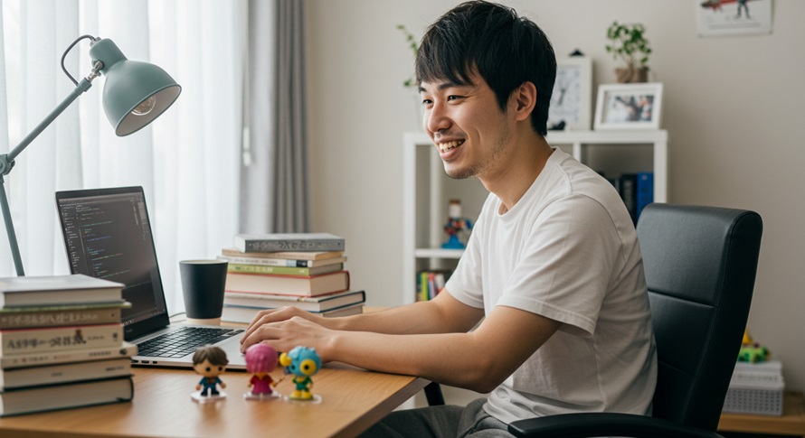 楽しそうに面白いプログラムを考える男性