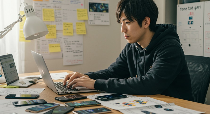 ゲームアプリを作る男性