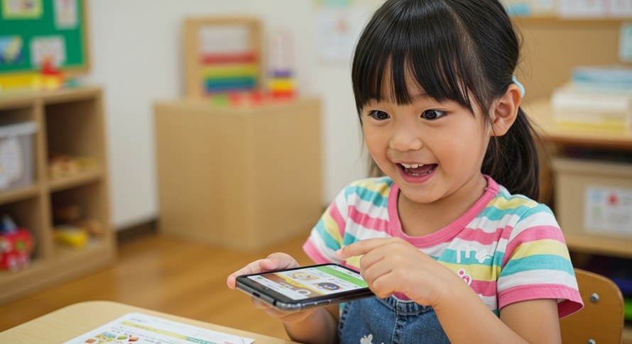 スマホのプログラミングゲームで遊ぶ子ども