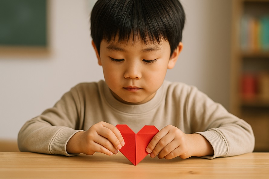 折り紙でハートを作る子供