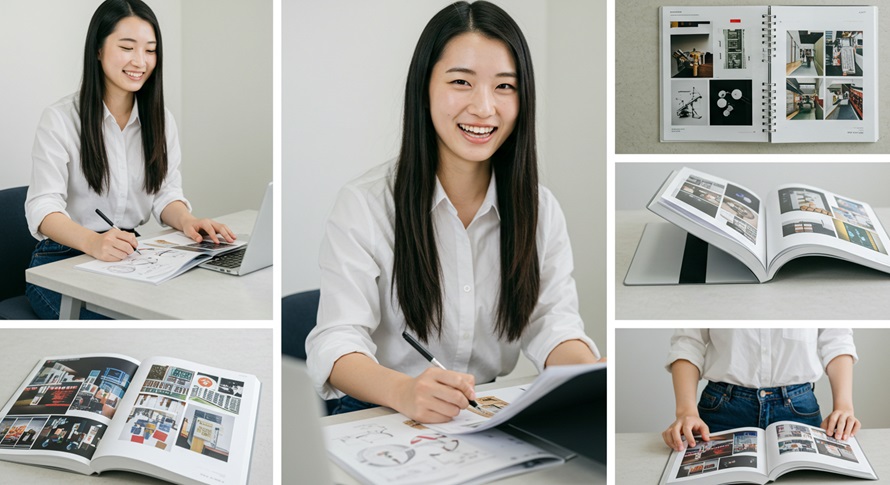 ポートフォリオを作成する女子大生