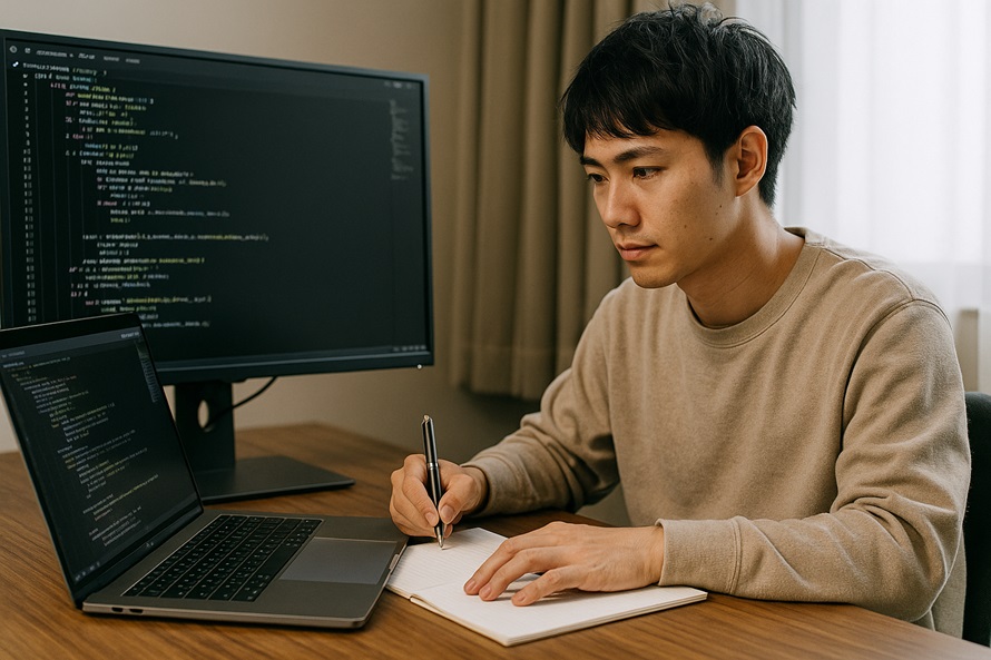 Javaコードを書く男性