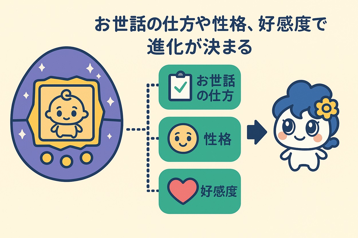 お世話の仕方や性格の傾向で進化が変わる