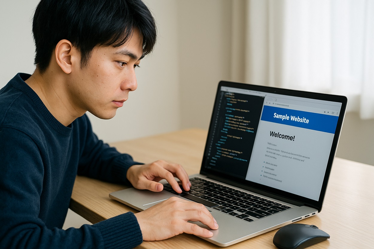 HTML/CSS学習をする男性